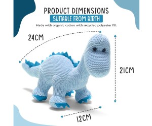 Pastel blue diplodocus knitted dinosaur baby toy with rattle